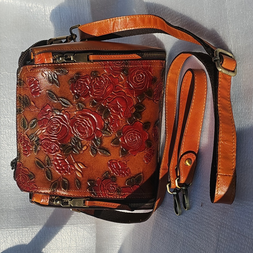 Brown and Red Embossed Leather Crossbody Bag